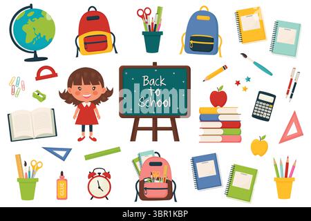 Back to School flache Vektorsymbole isoliert auf weißem Hintergrund. Stock Vektor