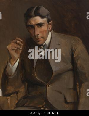 Porträt des amerikanischen Schriftstellers und Dramatikers Newton Booth Tarkington von John White Alexander, gemalt im späten 19. Oder frühen 20. Jahrhundert. Der Sitter wird in einer nachdenklichen Pose gezeigt, in einem braunen Anzug gekleidet und eine Zigarette hält, während die dramatische Beleuchtung seinen intensiven Blick unterstreicht. Stockfoto