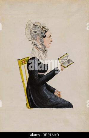 Porträt von Elizabeth Sweitzer Musser, Aquarell und Stift und Tinte auf Papier von Jacob Maentel, ca. 1826. Ein detailliertes Volkskunstprofil einer sitzenden Frau, die liest, in Schwarz gekleidet mit einer weißen Spitzenhaube und einem Schal, dargestellt in einem charakteristischen Seitenanblick, der für Maentels Werk typisch ist. Stockfoto