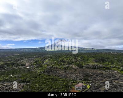 Aus der Vogelperspektive erhebt sich der majestätische Pico-Berg in einem Meer aus grünem und rauem vulkanischem Gelände unter einem teilweise bewölkten Himmel, vulkanischem Krater Pico, Azoren, Portugal. Stockfoto
