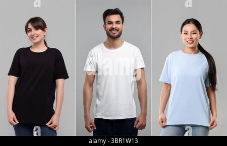 Menschen in verschiedenen T-Shirts vor grauem Hintergrund. Modell für Design Stockfoto