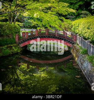 Rote japanische traditionelle Tempelbrücke, die im Wasser reflektiert. Aufgenommen am Eingang des Zuigan-JI-Tempels, Sendai, Japan, im Frühling ohne Stockfoto
