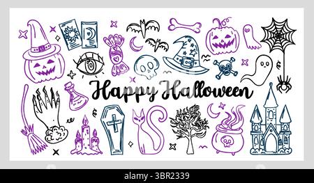 Skurrile Halloween-Strichkunst, handgezeichnet in Kreide- und Holzkohlestil mit Kürbissen, Geistern, Fledermäusen, Tränken, gruseligen Kritzeleien und magischen Symbolen. Spaß Stock Vektor