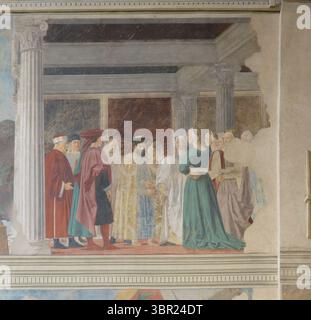 Fresko-Treffen der Königin von Saba und König Salomo von Piero della Francesca, 15. Jahrhundert, Basilika San Francesco, Arezzo, Italien. Stockfoto