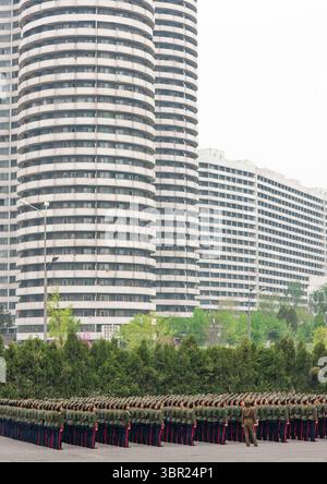 Nordkoreanische Frauen ziehen auf der Straße vor den Gebäuden vor, DGC, Pjöngjang, Nordkorea Stockfoto