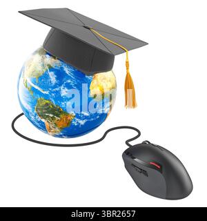 Graduierungskappe auf Earth Globe mit Computermaus. Globale Online-Bildung und E-Learning, 3D-Rendering isoliert auf weißem Hintergrund Stockfoto