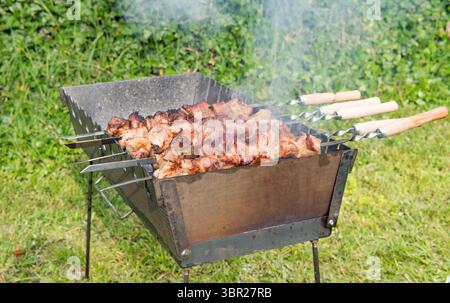 Holzkohlegrill mit heißen Schaschlik-Spießen, die draußen kochen. Traditionelles gegrilltes Fleisch, Sommer-Picknick und Outdoor-Kochkonzept Stockfoto