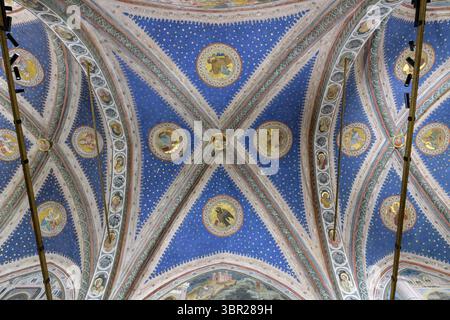 Gotische Gewölbedecke des Ambulatoriums in der Basilika des Heiligen Antonius in Padua, Italien, verziert mit komplizierten Fresken mit religiösen Motiven Stockfoto