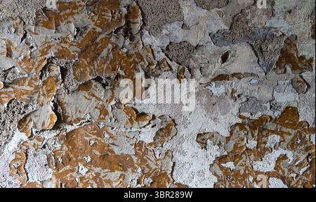 Nahaufnahme von abblätternder Farbe an einer rauen Betonwand. Verwitterte Textur und rissige Oberfläche sorgen für einen düsteren, urbanen und verlassenen Look. Stockfoto