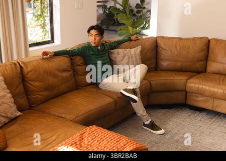 Asiatischer Mann, der im Wohnzimmer mit Kissen und Topfpflanzen auf einem Ledersofa sitzt. Modern, Entspannung, lässig, Innenausstattung, Lifestyle, Startseite, Stockfoto