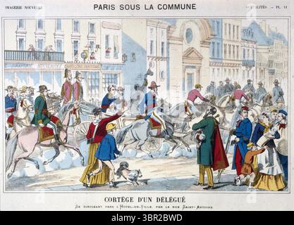 Paris sous la Commune: Cortège d'un délégué se dirigeant vers l'Hôtel de Ville, par la rue Saint-Antoine (avril 1871). News PL.11 / Paris unter der Kommune / Prozession eines Delegierten auf dem Weg in Richtung Hôtel de Ville, Via Rue Saint-Antoine. Lithografie-Kunstwerk während des preußischen Franco-Krieges von Elie Haguenthal Stockfoto