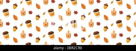 Nahtloses Herbstmuster mit Kaffeetassen, Kerzen, Eicheln und bunten Blättern. Comic Vektor Herbst Saison Hintergrund Stock Vektor