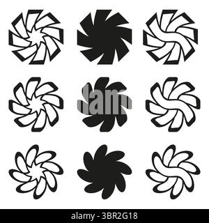 Symbol „Pinwheel-Wirbel“. Blütenblatt-Rotationsformen. Schwarzweißkontrast. Vektorspiralsymbol. Stock Vektor