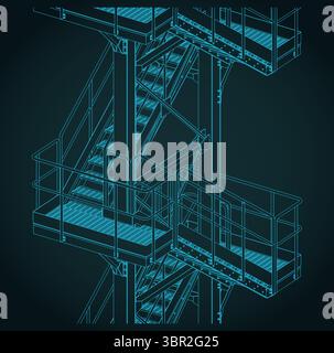 Industrielle Metalltreppe isometrische Blaupause stilisierte Vektor-Illustration Nahaufnahme Stock Vektor