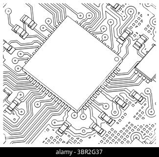 Leiterplatte mit Chip-Zeichnung Nahaufnahme stilisierte Vektorillustration Stock Vektor