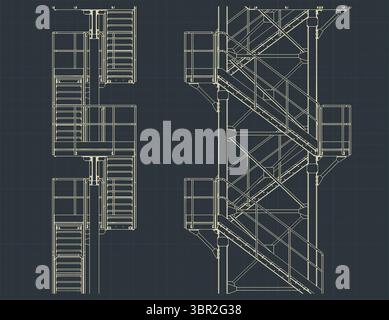 Industrielle Metall Treppenhaus Blaupausen stilisierte Vektor-Illustration Nahaufnahme Stock Vektor