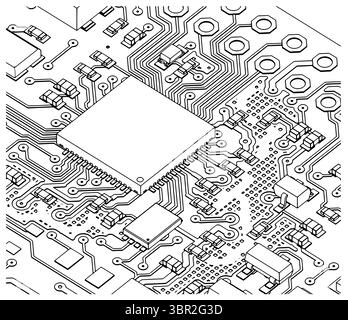 Leiterplatte mit Chip-Zeichnung Nahaufnahme stilisierte Vektorillustration Stock Vektor