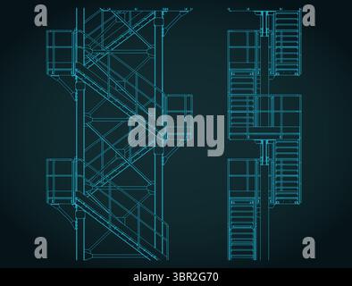 Industrielle Metall Treppenhaus Blaupausen stilisierte Vektor-Illustration Nahaufnahme Stock Vektor