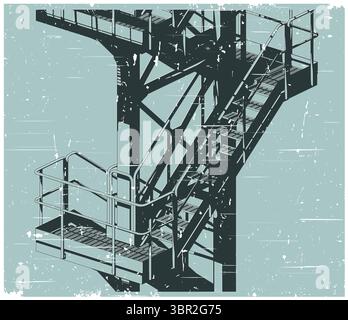 Industrielle Metalltreppe im Retro-Poster-Stil, stilisierte Vektor-Illustration Nahaufnahme Stock Vektor