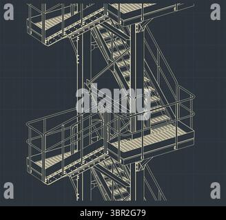 Industrielle Metalltreppe isometrische Blaupause stilisierte Vektor-Illustration Nahaufnahme Stock Vektor