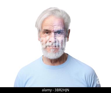 Gesichtserkennungssystem. Scannen des Gesichts des Mannes zur Authentifizierung vor weißem Hintergrund Stockfoto
