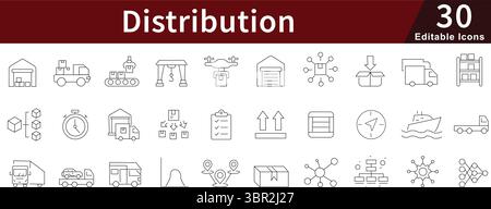 Bearbeitbare Positionssymbole für Logistik, Lieferkette und Produktbereitstellungsservices für Verteilung festgelegt Stock Vektor