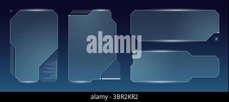 Blaues Cyberpunk-HUD-Set mit digitalen Fenstern, Tafelraster und Infografiken. Ideal für futuristische Spiele, Kontrollräume oder Präsentationen mit Sci fi-Benutzeroberfläche. Stock Vektor