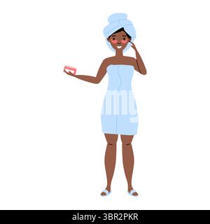 Frau in einem Handtuch, die ihr Smartphone benutzt, während sie sich auf einen entspannenden Tag zu Hause vorbereitet Stock Vektor