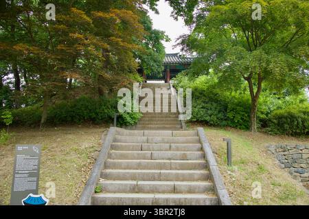 Gongju, Südkorea - 13. Juni 2025: Eine Steintreppe führt durch den Wald zum Saamru Pavillon, einem der höchsten Punkte im Gongsanseong Fort Stockfoto