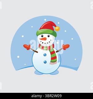„Schneemann mit Rotem Hut, grünem Schal und Schneeflocken“ Stock Vektor