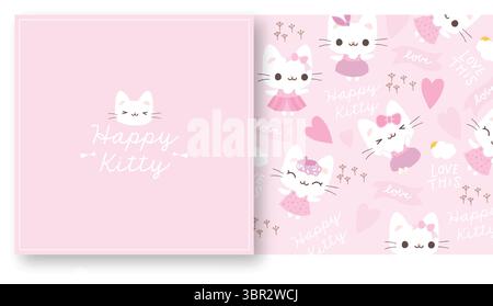 Ein süßes, nahtloses Muster mit niedlichen Katzen und verschiedenen Pfotenmustern, das in einem charmanten, handgezeichneten Stil in einem weichen Pastellfarben dargestellt wird Stock Vektor