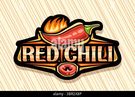 Vektor-Logo für Red Chili, dekoratives horizontales Poster mit Umrissillustration ganze brennende Chili-Pfeffer, dunkles Tag mit einzigartigen Pinselbuchstaben für o Stock Vektor