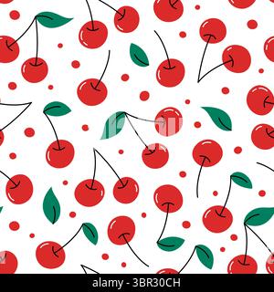 Nahtloses Kirschmuster. Vektor-Hintergrund mit flachen bunten Kirschbeeren. Das Sommerdesign wird wiederholt und mit einfachen Beerenfrüchten bedruckt Stock Vektor