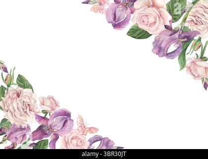 Rechteckiger Rahmen mit schräg verzierten Blumen. Lila Iris, rosa Rosen, grüne Blätter. Die Abbildung ist handgezeichnet in Aquarell in einem Stockfoto