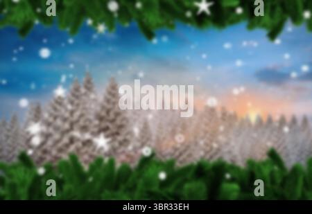 Schneebedeckte Kiefern säumen den pastellfarbenen Sonnenaufgangshimmel mit fallenden Schneeflocken und umrahmen grüne immergrüne Stockfoto