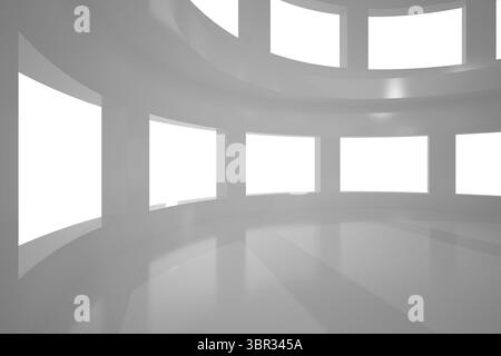 Der leere, geschwungene Raum ist mit Säulen, Panoramafenstern und glänzendem Boden flach gestaltet Stockfoto