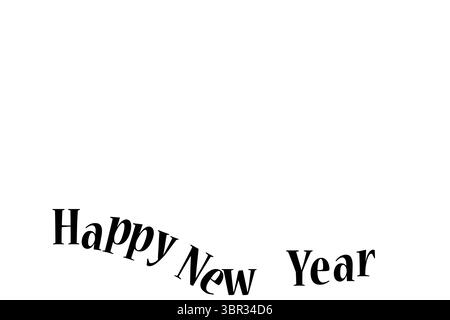 Das schwarze „Happy New Year“-Design ist im flachen Design entlang des unteren weißen Hintergrunds gekrümmt, Kopierraum Stockfoto