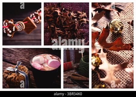 Festtage Herbsttisch mit flacher Design-Collage mit Lebkuchen, heißer Schokolade, Blättern und Garn Stockfoto