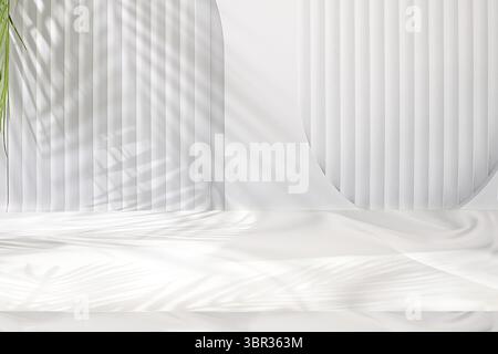 Hochwertiges leeres Podium mit Schatten tropischer Palmblätter auf grauer Wand, minimaler abstrakter Hintergrund für die Präsentation kosmetischer Produkte. Vorlage für DE Stockfoto