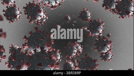 Covid-19 Zellen vor grauem Hintergrund Stockfoto