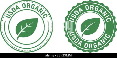 USDA Organic Certification Badges mit Blatt Design Eco Label Vektor auf weißem Hintergrund Stock Vektor