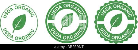USDA Organic Zertifizierungsetiketten mit Blattdesign auf weißem Hintergrund Stock Vektor