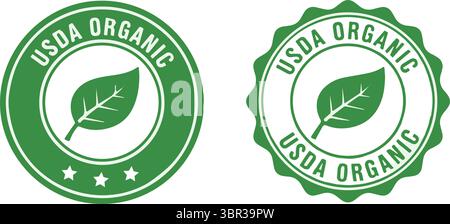 USDA Organic Zertifizierungsetiketten mit Blattdesign auf weißem Hintergrund Stock Vektor