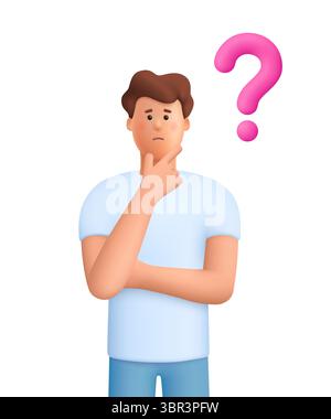 Verwirrter Mann James denkt in einer nachdenklichen Pose mit Fragezeichen. Auswahl, Problemlösungskonzept. 3D-Vektor-Person-Charakter. Cartoon Minimal styl Stock Vektor