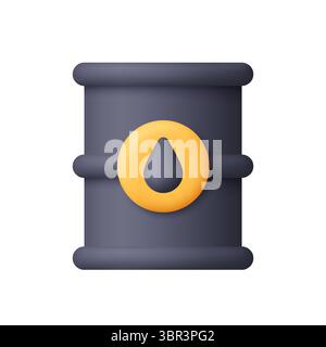 Schwarzer Ölfass mit gelbem Kreis und schwarzem Öltropfensymbol. Ölfangbehälter. Erdölindustrie, Energieressourcen und Erdölkonzept. 3D-Vektor i Stock Vektor