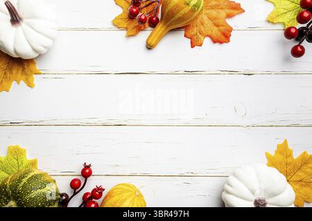 Herbst Seitenrand von weißen Kürbissen und Herbstblätter über einem rustikalen weißen Holz Hintergrund, Draufsicht Stockfoto