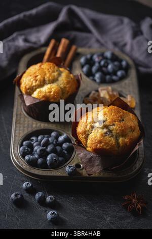Süßes hausgemachtes Gebäck Muffin mit Heidelbeeren und frischen Beeren auf dunklem Hintergrund Stockfoto