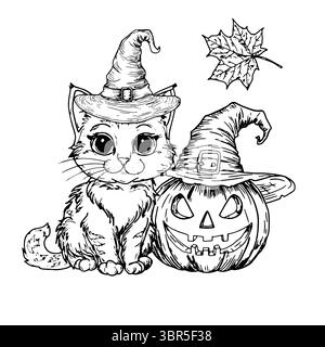 Eine Katze mit Hexenhut sitzt neben einem Kürbis mit einem geschnitzten Gesicht, einer Skizze in schwarz-weißer Tinte. Vektorabbildung. Herbstdekor für eine mystische Stock Vektor