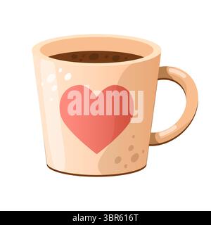 Vektor-Illustration eines Heißgetränks. Belebender Tee, Kaffee. Flacher, heller Becher mit Herz auf weißem Hintergrund. Stock Vektor