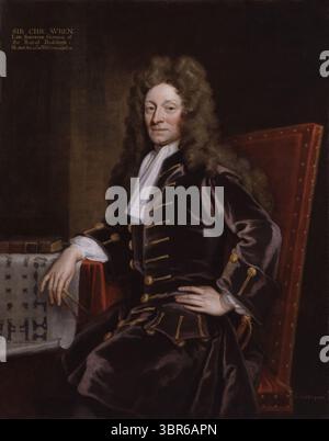 Porträt von Sir Christopher Wren von Godfrey Kneller aus dem Jahr 1711. Sir Christopher Wren war ein englischer Architekt, Astronom, Mathematiker und Physiker und einer der renommiertesten Architekten in der Geschichte Englands. Bekannt für sein Werk im englischen Barockstil wurde ihm nach dem Großen Feuer 1666 die Verantwortung für den Wiederaufbau von 52 Kirchen in der City of London übertragen, darunter das, was als sein Meisterwerk gilt, die St. Paul's Cathedral auf Ludgate Hill, die 1710 fertiggestellt wurde. Stockfoto